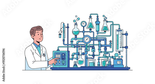A male scientist in a white lab coat is attentively operating and observing complex laboratory equipment with tubes and beakers.