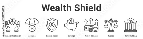 Wealth Shield web banner icon set vector illustration concept for business with icon of Financial Protection, Insurance, Secure Asset, Savings, Wallet Balance, Justi.