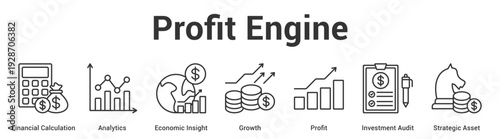 Profit Engine web banner icon set vector illustration concept for business with icon of Financial Calculation, Analytics, Economic Insight, Growth, Profit, Investment Aud.