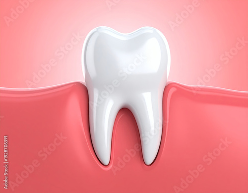 Close-up 3D render of a healthy white tooth embedded in pink gums with a soft gradient background