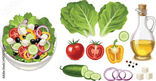 Fresh vegetable salad with tomatoes, cucumbers, onions, olives, cheese, and bell peppers, shown with individual ingredients for culinary and healthy food design.