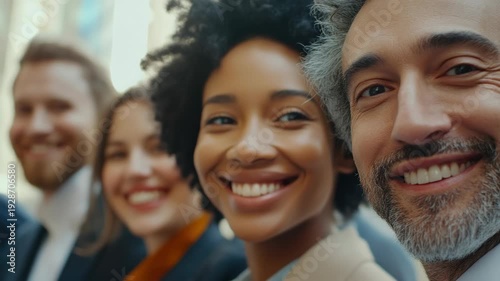 A group of diverse professionals with smiles for a corporate video.