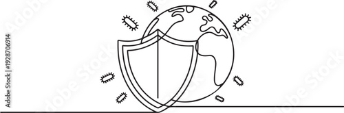 The shield protects the Earth from the effects of viruses and bacteria. A symbol of immunity as the body’s protective forces. one line art icon drawing vector