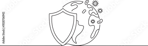 The shield protects the Earth from the effects of viruses and bacteria. A symbol of immunity as the body’s protective forces. one line art icon drawing vector