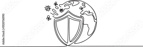 The shield protects the Earth from the effects of viruses and bacteria. A symbol of immunity as the body’s protective forces. one line art icon drawing vector