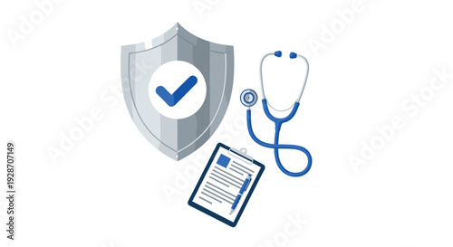 A detailed illustration showcasing a grey shield with a blue checkmark, a stethoscope, and a clipboard with a pen on a pure white background.