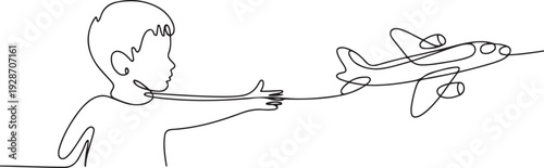 one continuous drawn line of a boy with an airplane drawn from the hand picture silhouette. one line art icon drawing vector