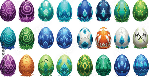 Fantasy creature egg collection with colorful patterns, elemental designs, and magical textures for game assets, character hatching, or mythical creature concept art.