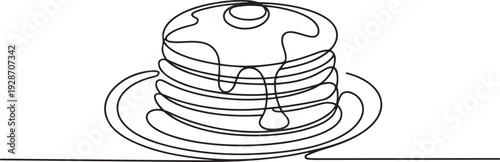 one continuous drawn line of pancakes on plates syrup-drawn hand-drawn picture silhouette. one line art icon drawing vector