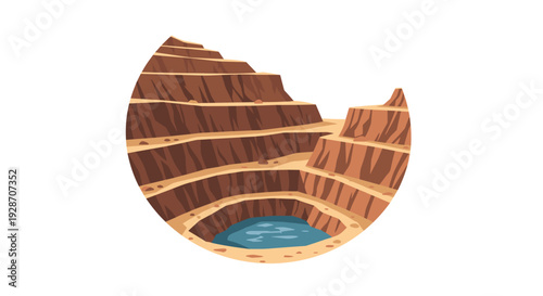 A detailed illustration of a circular open-pit mine with visible layers of earth and a body of water at the lowest level.