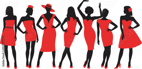 Fashion silhouettes of seven stylish women in elegant red dresses and high heels, showcasing diverse modern outfit designs, accessories, and feminine glamour illustration