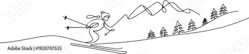 One continuous single drawing line art flat doodle ski, winter, mountain, season, resort, sport. one line art icon drawing vector