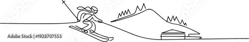 One continuous single drawing line art flat doodle ski, winter, mountain, season, resort, sport. one line art icon drawing vector