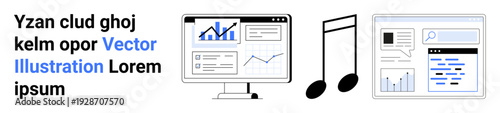 Business analytics, digital tools, music theme, data visualization, web design, technology. Computer screens with graphs, notes icon and interface elements. Business analytics and digital tools