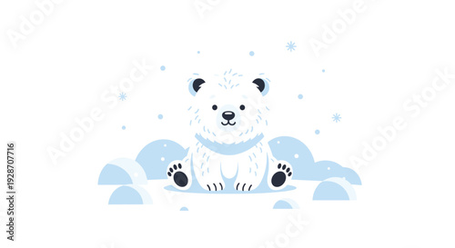 A cute cartoon baby polar bear sits happily in a snowy landscape with falling snowflakes and soft blue snowdrifts on a clean white background.