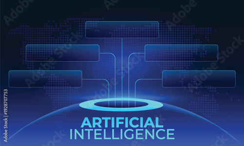 Simple modern glassmorphism template: Five step process flow diagram with interface windows with globe & AI text. Thin-line infographic for websites/data viz. Futuristic tech UI/UX, selection buttons