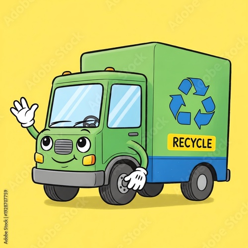 Friendly Green Recycle Truck Cartoon Character.