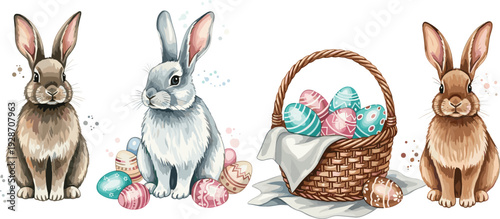 Festive Easter illustration with three rabbits and basket of decorated eggs—colorful springtime celebration symbolizing renewal, joy, and seasonal tradition.