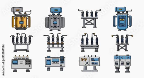 Various industrial machines and equipment displayed in a grid layout on a plain white background, showcasing different machinery components and designs from a front viewpoint.