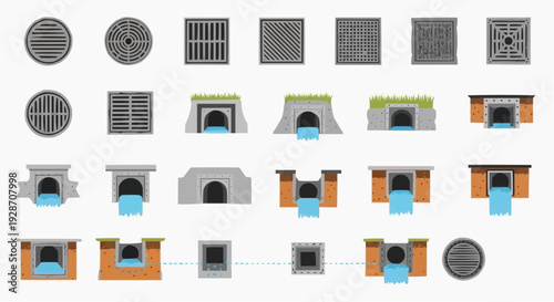 Various infrastructure elements and manhole covers displayed in a grid layout showcasing different designs and structures from a top-down viewpoint