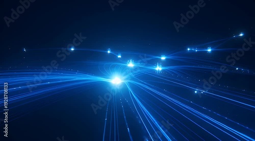 Abstract blue glowing network of light beams conveying data and information