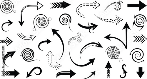 Abstract arrow collection vector illustration, hand drawn swirl and direction symbols, curved dashed arrows set, infographic motion elements, black white design