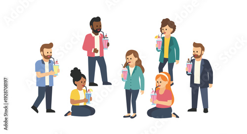 A diverse group of seven cheerful people, including men and women, are happily enjoying various colorful milkshakes or smoothies together.