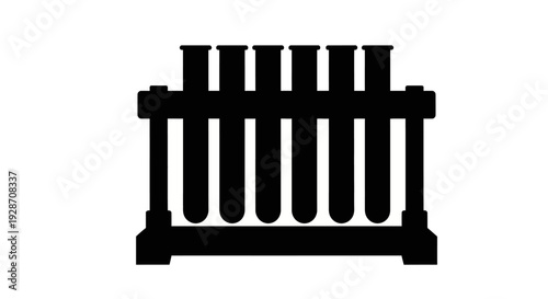 Pure silhouette of a test tube rack with multiple test tubes, rendered in a single solid black color against a white background