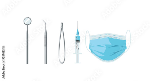 A clear illustration displaying essential dental tools including a mirror, probe, and forceps, alongside medical supplies like a syringe and blue surgical mask.