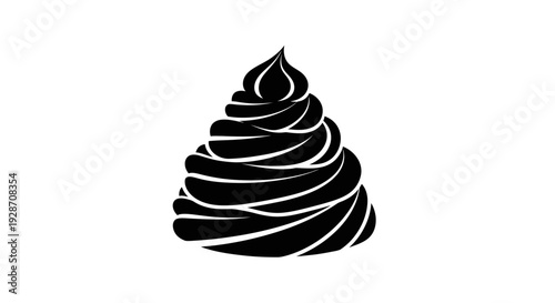 Elegant monochrome silhouette icon of a gracefully swirled dessert topping, reminiscent of soft serve ice cream, whipped cream, or frosting, ideal for sweet treat and bakery designs