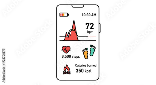 Modern smartphone displaying a digital fitness and health tracking application, showcasing real-time heart rate, daily steps, and calories burned for an active and healthy lifestyle