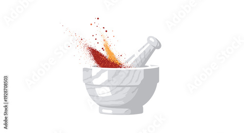 An dynamic illustration showing a classic mortar and pestle actively crushing vibrant red and orange spices, with dust particles dramatically rising.