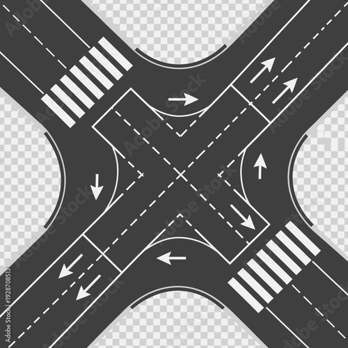 Top view of a four-way intersection with crosswalks and traffic arrows