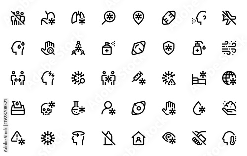 Virus Transmission icon set. Vector symbols for medical mask, hand sanitizer, cough, fever, vaccine, isolation and more. Editable thin line icons.