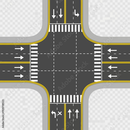 Top view of an empty four-way intersection with crosswalks and traffic arrows