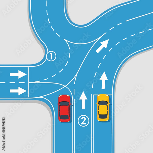 Traffic intersection with cars, road markings, and directional arrows