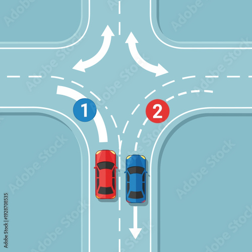 Two cars turning left at intersection, car 1 red, car 2 blue, traffic rules