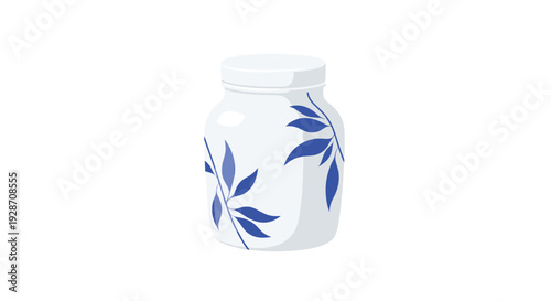 A minimalist illustration showcasing a beautiful white ceramic jar adorned with elegant blue leaf patterns, presenting a simple and clean design.