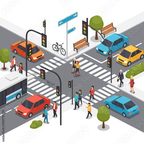 Busy city intersection with cars, bus, pedestrians, and traffic lights