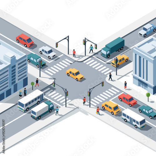 Busy City Intersection with Traffic and Pedestrians, Isometric View