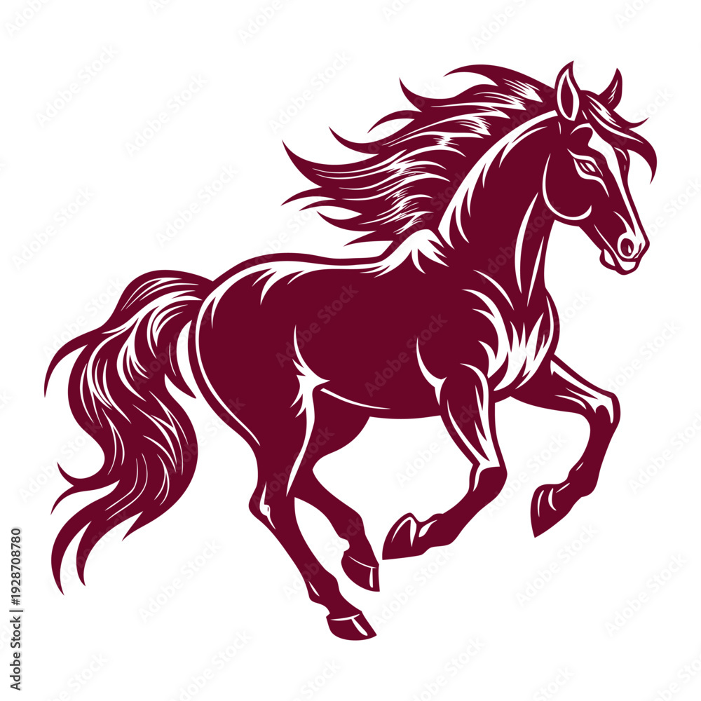 Obraz premium Maroon Horse Illustration with Flowing Mane and Tail Running to the Right on white background