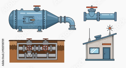 Industrial machinery and equipment illustration featuring tank, valve, pump, and building from a technical viewpoint