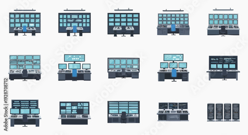 Collection of various computer server configurations and setups illustrated in a grid layout
