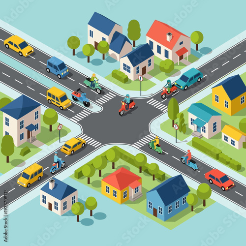 Isometric City Intersection with Traffic, Houses, and Greenery