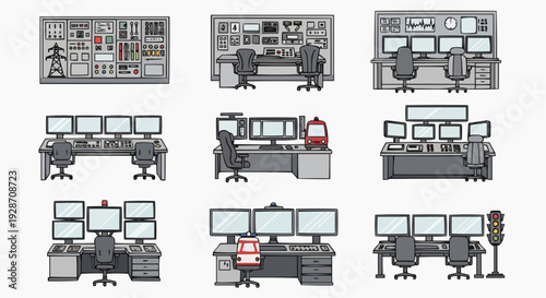 Office workstations with computers and monitors in various configurations for productivity and task management in a modern workspace setting from a top view img_kuwx77_fx.svg