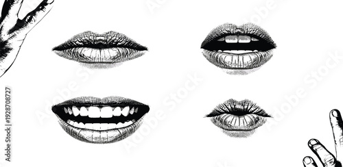 A collection of detailed black and white illustrations of various human lips and mouths from different viewpoints