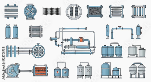 Industrial machinery and equipment icons set, featuring pumps, valves, and pipes, in a technical illustration style, showcasing various mechanical components