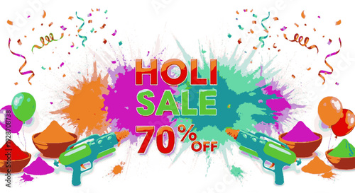Vibrant holi sale banner with 70 percent off colorful powder water guns and festive confetti on white background