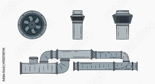 Industrial machinery components illustration featuring pipes, valves, and ventilation systems in a technical diagram from a frontal viewpoint