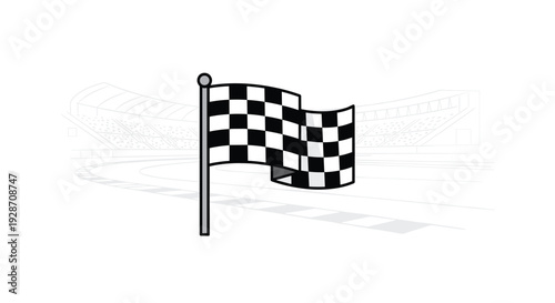 A classic black and white checkered flag waves dynamically on a pole above a blurred racing track and stadium background.